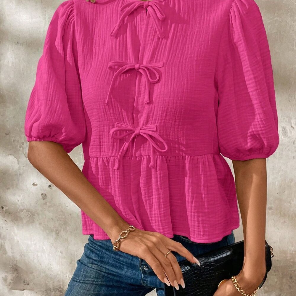 Hot Pink Cute Women's Tie Front Crop Top With Puff Sleeves & Ruffle Hem - Picture 5 of 6
